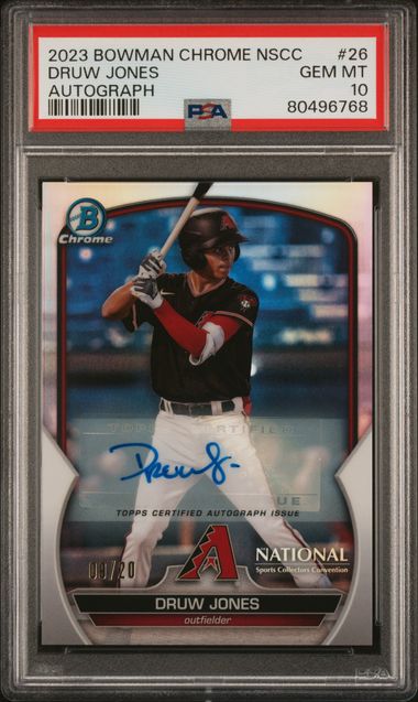 2023 BOWMAN CHROME NATIONAL #26 DRUW JONES AUTOGRAPH PSA 10