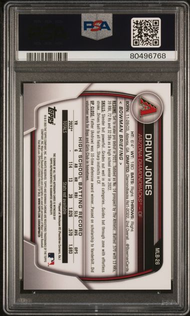 2023 BOWMAN CHROME NATIONAL #26 DRUW JONES AUTOGRAPH PSA 10