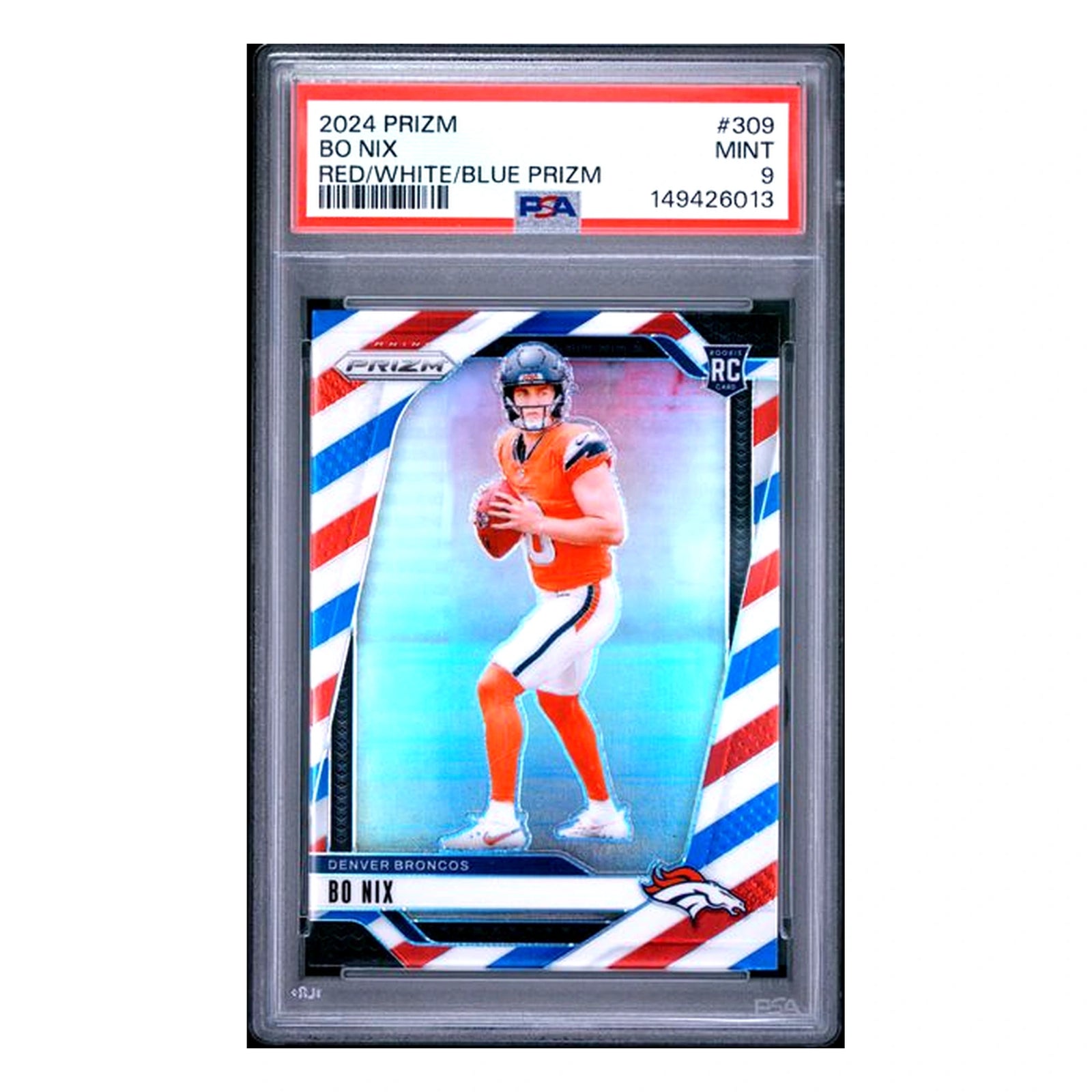 2024 Panini Prizm Bo Nix RC Red/White/Blue Prizm PSA 9