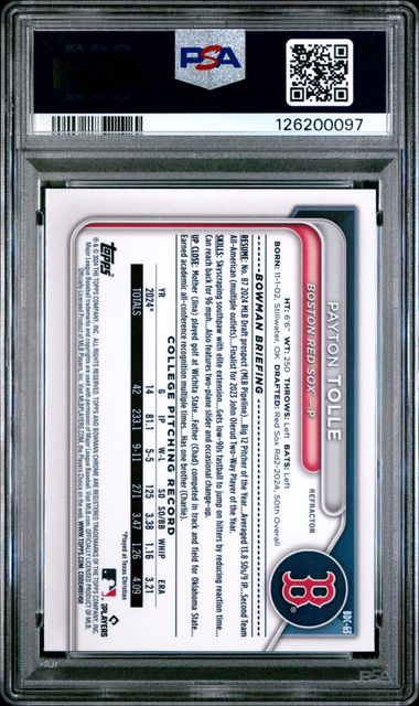 2024 BOWMAN DRAFT PAYTON TOLLE CHROME REFRACTOR PSA 9