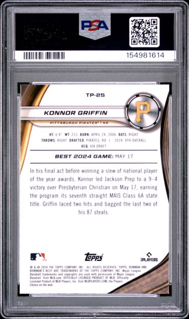 2024 BOWMAN'S BEST KONNOR GRIFFIN TOP PROSPECTS GOLD LAVA 1/50 PSA 8