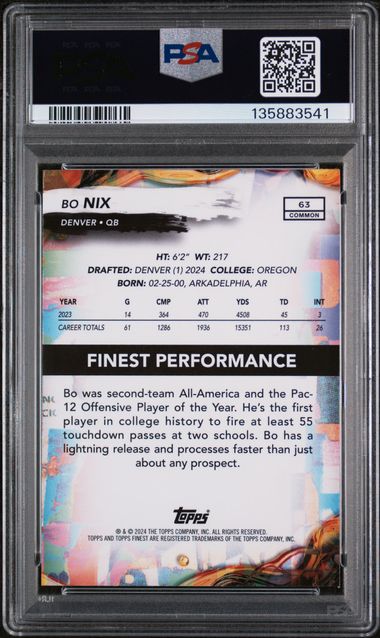 2024 Topps Finest Bo Nix Sky Blue Refractor PSA 9