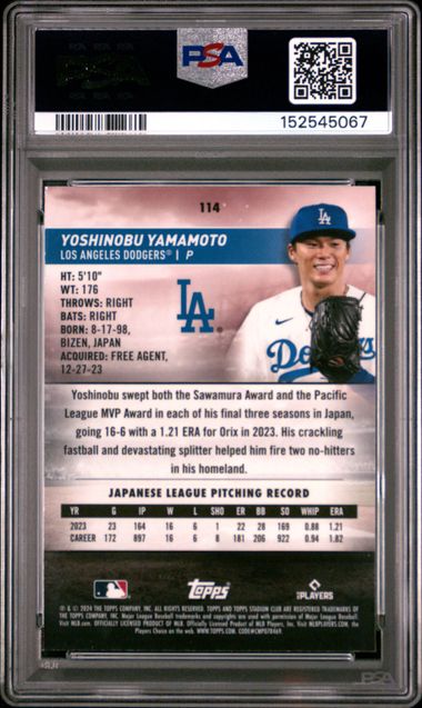 2024 TOPPS STADIUM CLUB YOSHINOBU YAMAMOTO #114 CHROME PSA 10