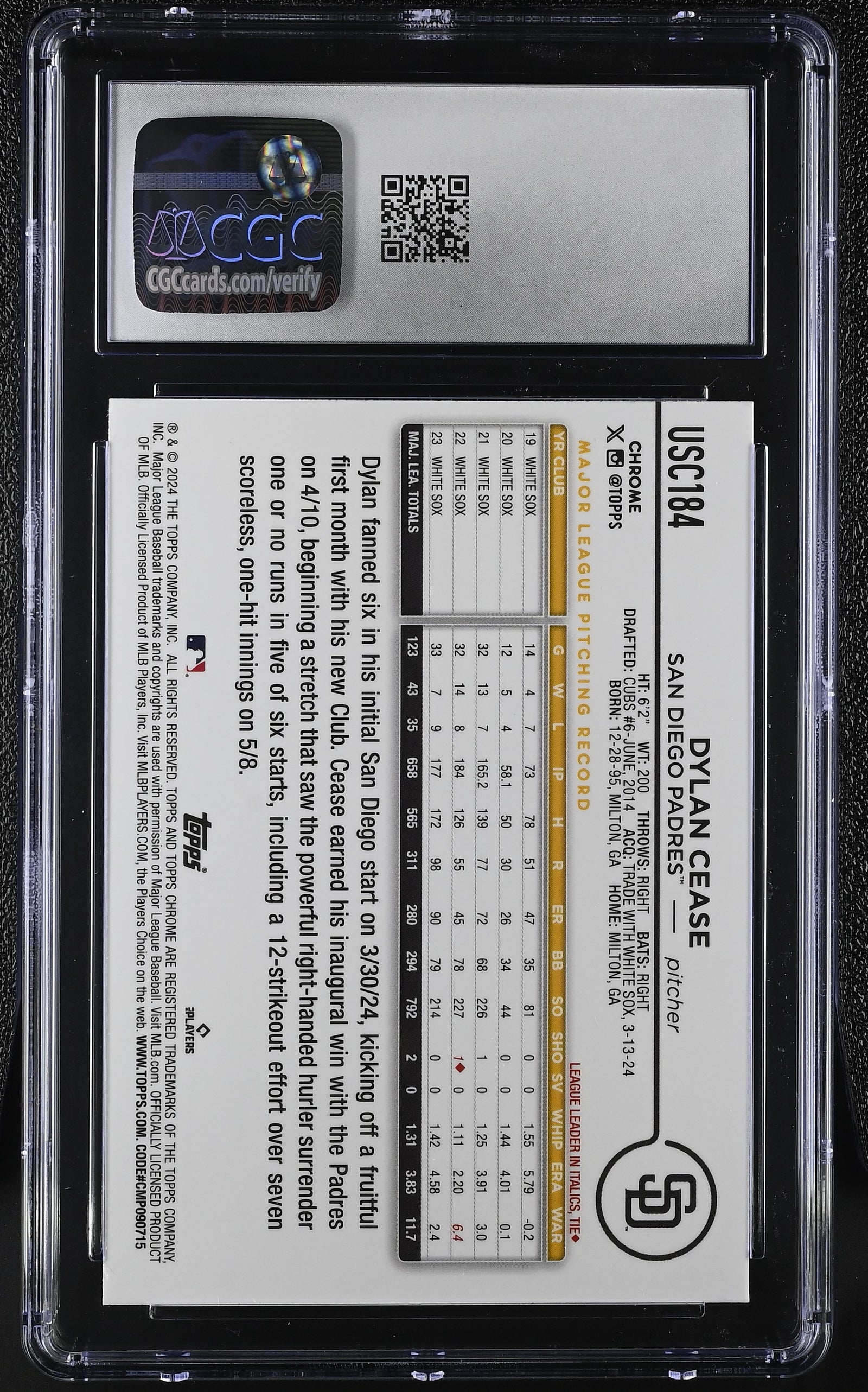 2024 Topps Chrome Update Dylan Cease Negative Refractor CGC 8.5