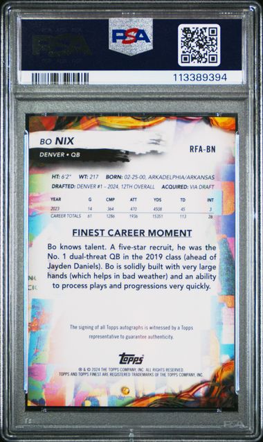 2024 Topps Finest Bo Nix Rookie Autograph PSA 9