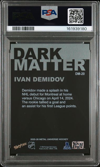 2025-26 SKYBOX METAL UNIVERSE IVAN DEMIDOV RC DARK MATTER PSA 9