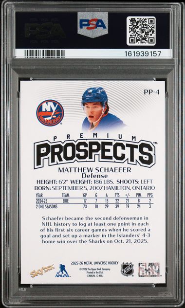 2025-26 SKYBOX METAL UNIVERSE MATTHEW SCHAEFER PREMIUM PROSPECTS PSA 9