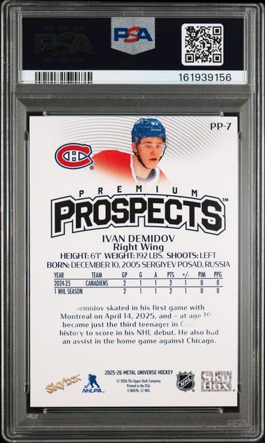 2025-26 SKYBOX METAL UNIVERSE IVAN DEMIDOV PREMIUM PROSPECTS PSA 10