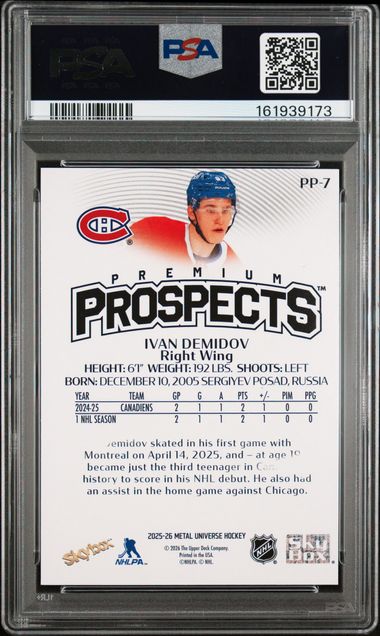 2025-26 SKYBOX METAL UNIVERSE IVAN DEMIDOV PREMIUM PROSPECTS PSA 10