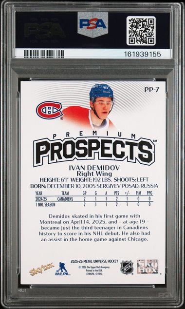 2025-26 SKYBOX METAL UNIVERSE IVAN DEMIDOV PREMIUM PROSPECTS PSA 9