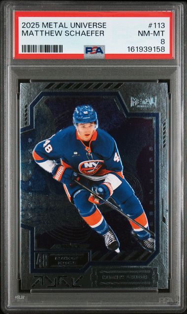 2025-26 SKYBOX METAL UNIVERSE MATTHEW SCHAEFER RC #113 PSA 8