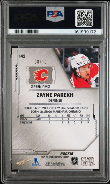 2025-26 SKYBOX METAL UNIVERSE ZAYNE PAREKH GREEN PRECIOUS METAL GEMS /10 PSA 9