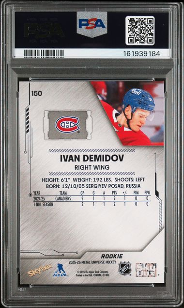 2025-26 SKYBOX METAL UNIVERSE IVAN DEMIDOV RC #150 PSA 9