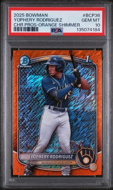 2025 Bowman Chrome Prospects Yophery Rodriguez Orange Shimmer 1/25 PSA 10 (POP 1)