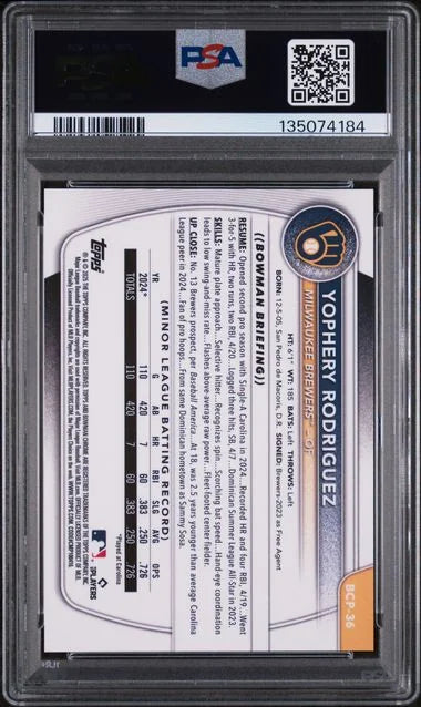 2025 Bowman Chrome Prospects Yophery Rodriguez Orange Shimmer 1/25 PSA 10 (POP 1)