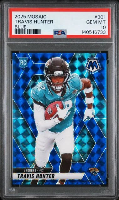 2025 Panini Mosaic Travis Hunter RC /99 Blue PSA 10, POP 5