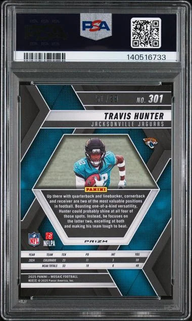 2025 Panini Mosaic Travis Hunter RC /99 Blue PSA 10, POP 5