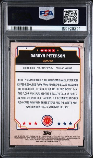 2025 Topps Chrome McDonald's Darryn Peterson RC /99 Purple Raywave PSA 9