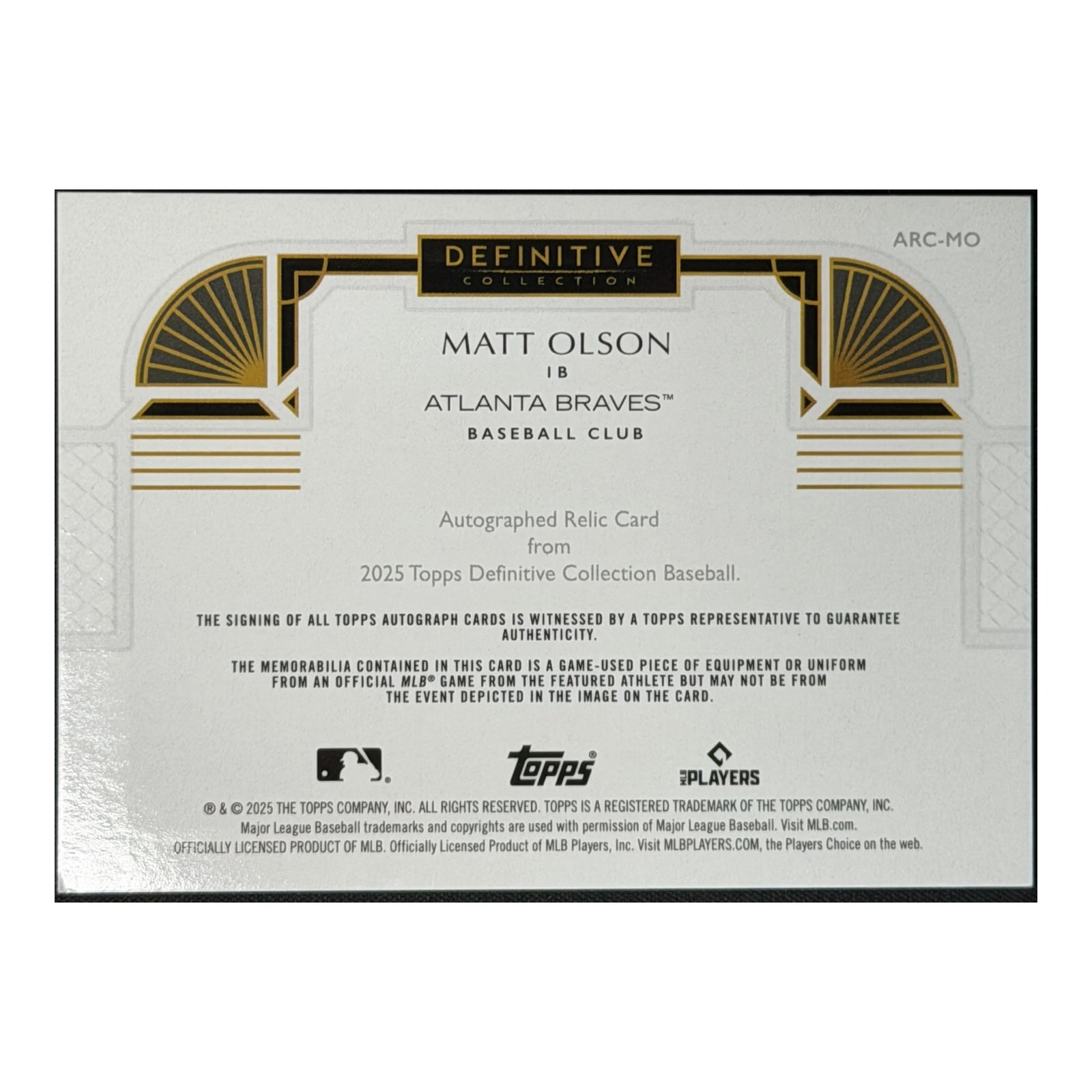 2025 Topps Definitive Matt Olson Autograph Game Worn Jersey /50