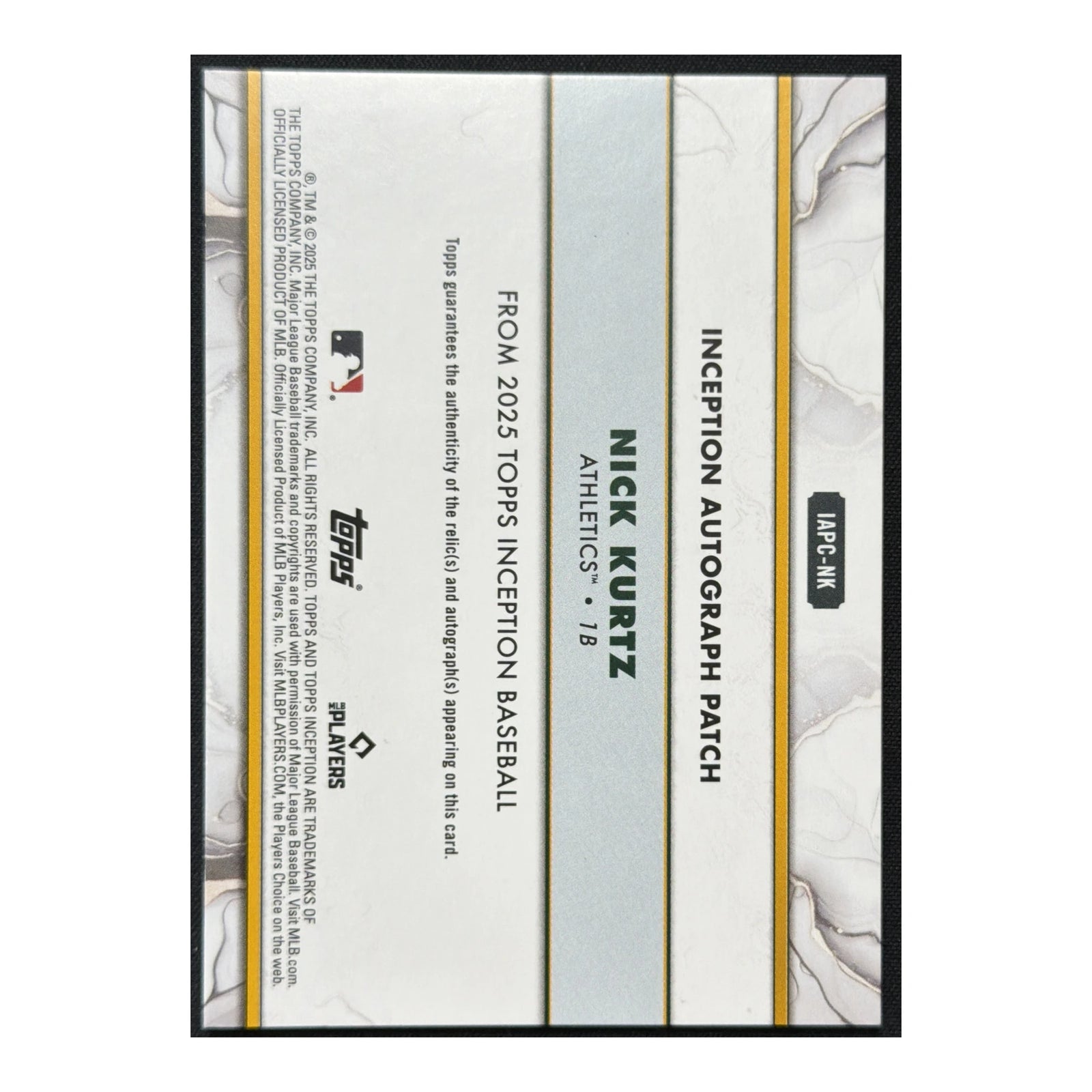 2025 Topps Inception Nick Kurtz /25 Player Worn 3-Color Jumbo Patch Auto