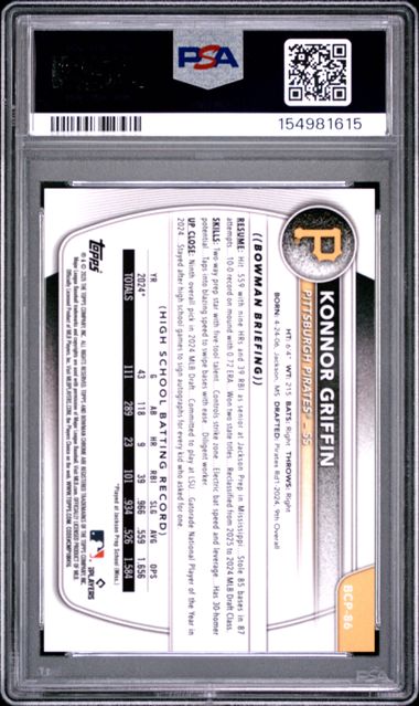 2025 BOWMAN CHROME KONNOR GRIFFIN CHROME PROSPECTS /250 PURPLE REF. PSA 9