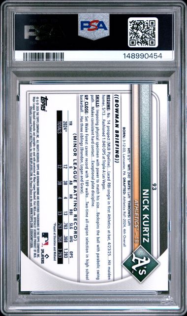2025 Bowman Chrome Nick Kurtz RC /99 Green Wave PSA 9