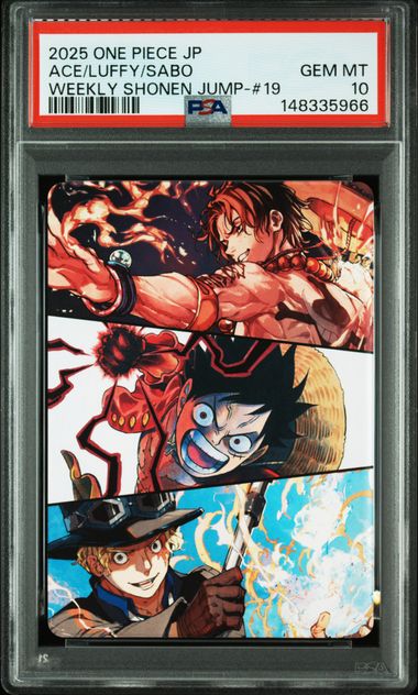 2025 One Piece Japanese Promos Monkey D. Luffy / Portgas D. Ace / Sabo Weekly Shonen Jump-Issue 19 PSA 10