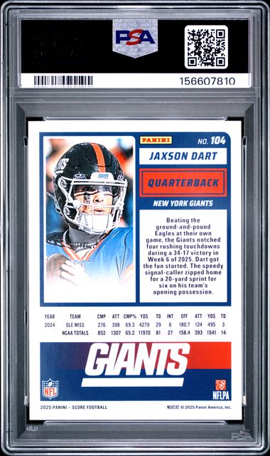 2025 Panini Score Jaxson Dart RC #104 PSA 10 (POP 6)