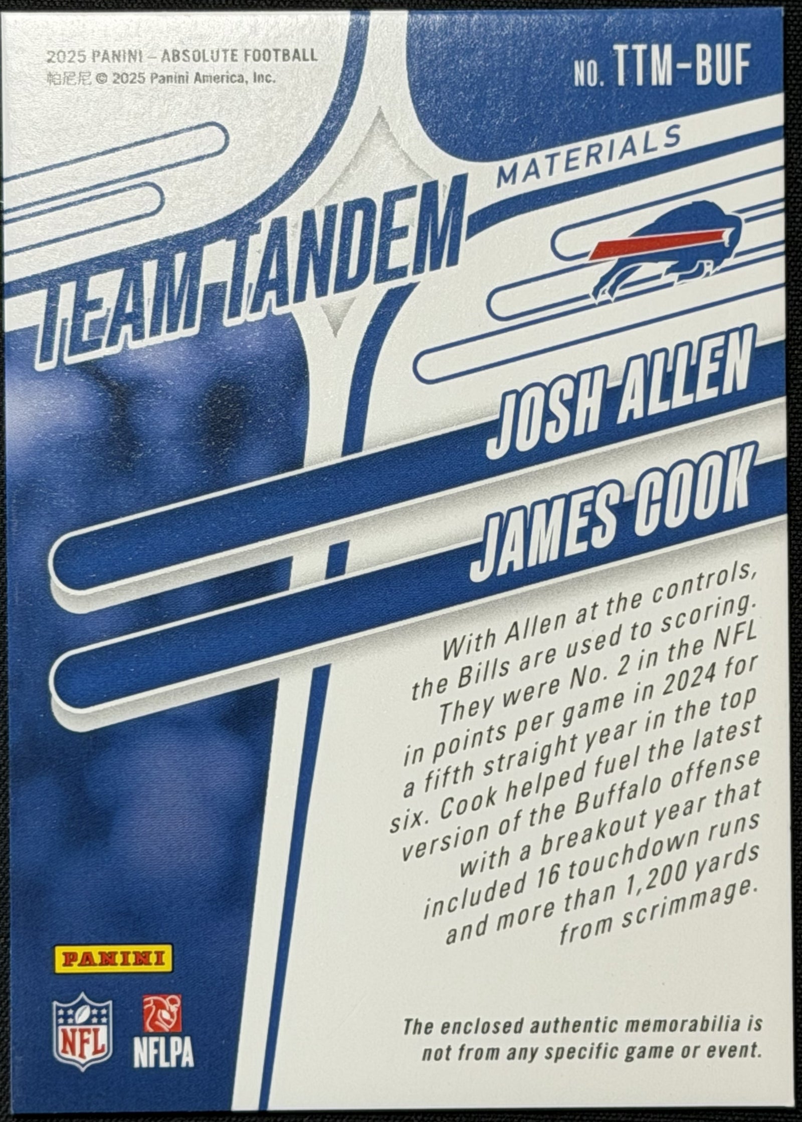2025 Panini Absolute Josh Allen / James Cook /115 Team Tandem Materials