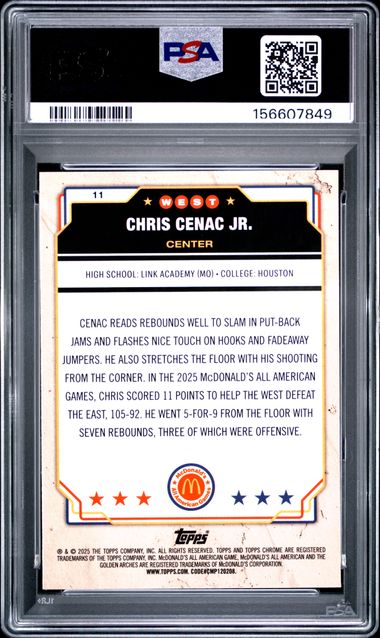2025 Topps Chrome McDonald's Chris Cenac Jr. Blue Raywave PSA 10