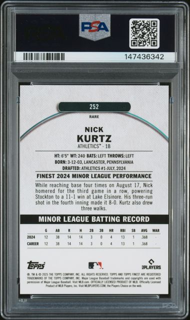 2025 Topps Finest Nick Kurtz Pearl Checkerboard PSA 9
