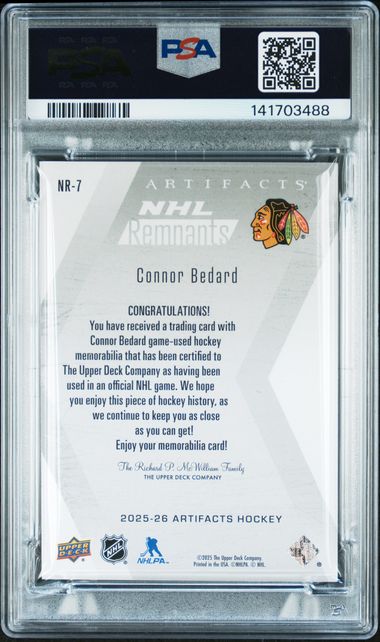 2025 Upper Deck Artifacts Connor Bedard NHL Remnants Relics PSA 8
