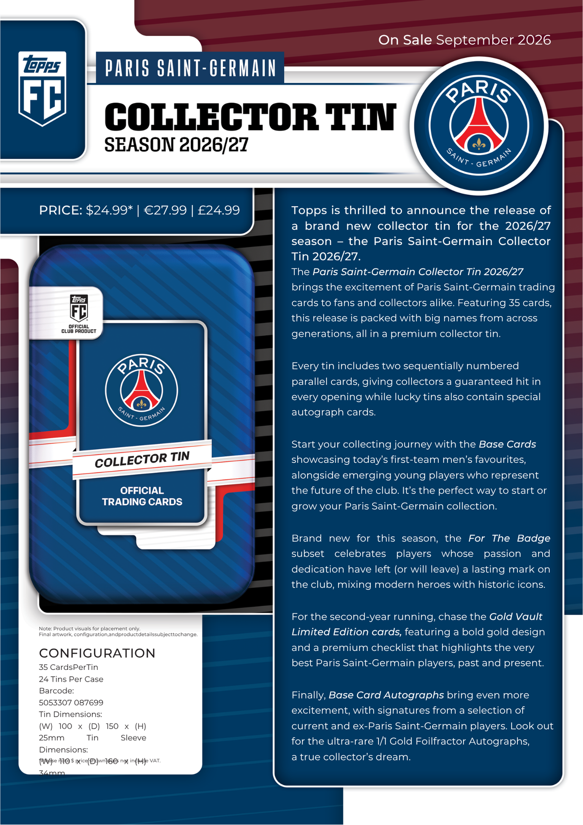 2026-27 Topps Soccer Paris Saint-Germain FC Club Collector Tin