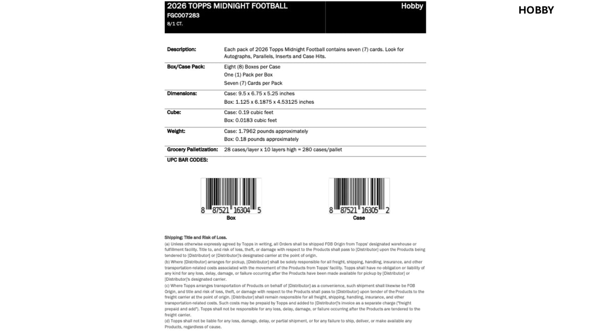 2026 Topps Midnight Football Hobby Box case pack, dimensions and UPC barcodes