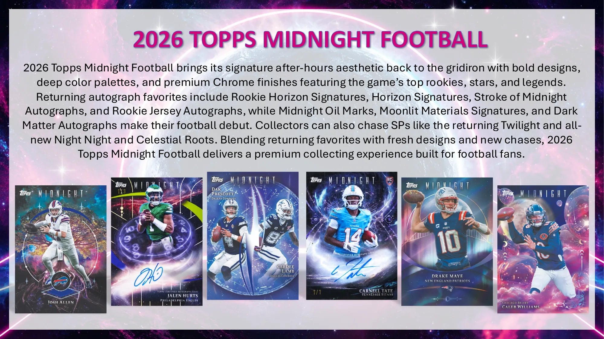 2026 Topps Midnight Football card examples - Josh Allen, Jalen Hurts auto, Carnell Tate rookie auto, Drake Maye, Caleb Williams
