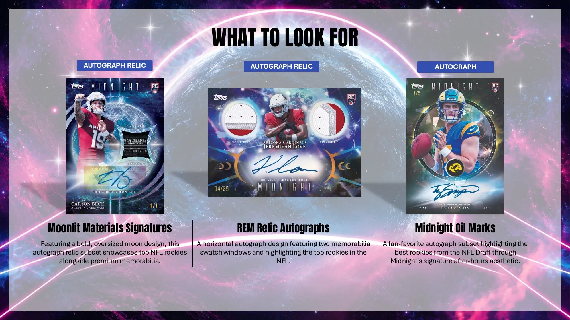 2026 Topps Midnight Football Moonlit Materials Signatures, REM Relic Autographs and Midnight Oil Marks rookie autos