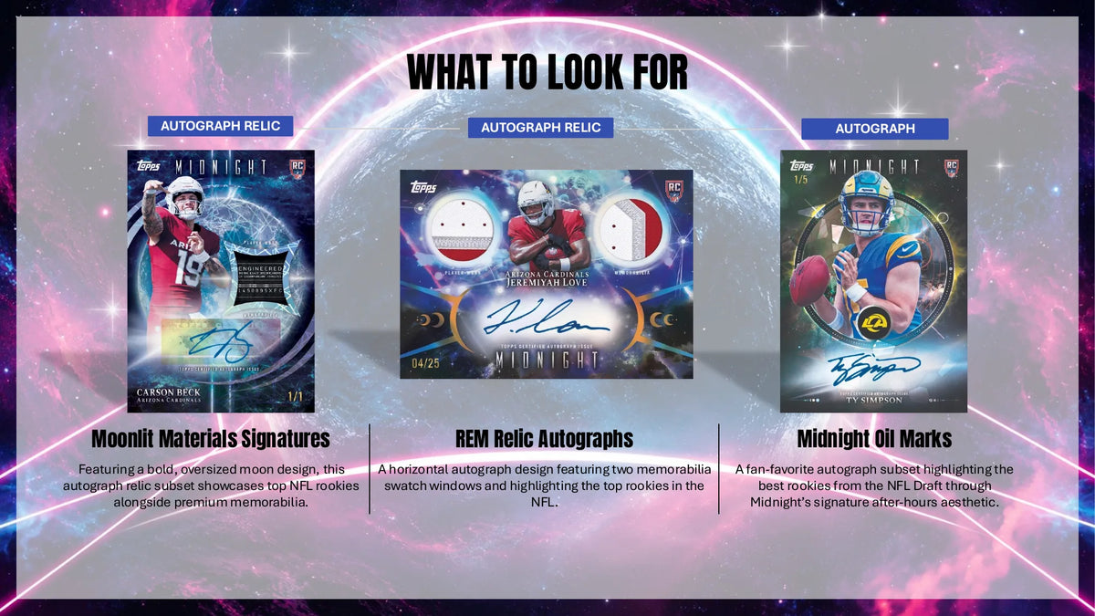 2026 Topps Midnight Football Moonlit Materials Signatures, REM Relic Autographs and Midnight Oil Marks rookie autos