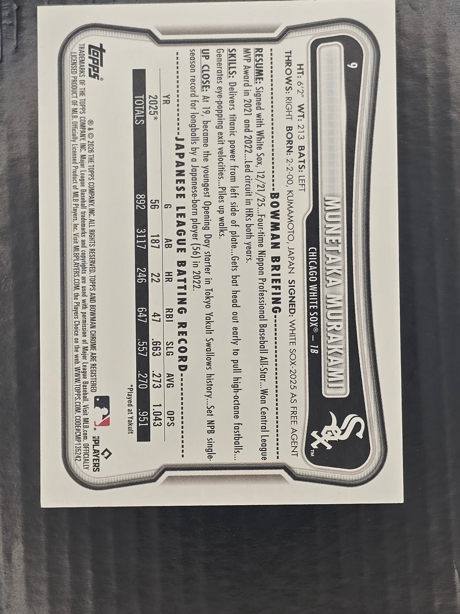 2026 Topps Bowman Munetaka Murakami Purple Paper #9 (RC) /299