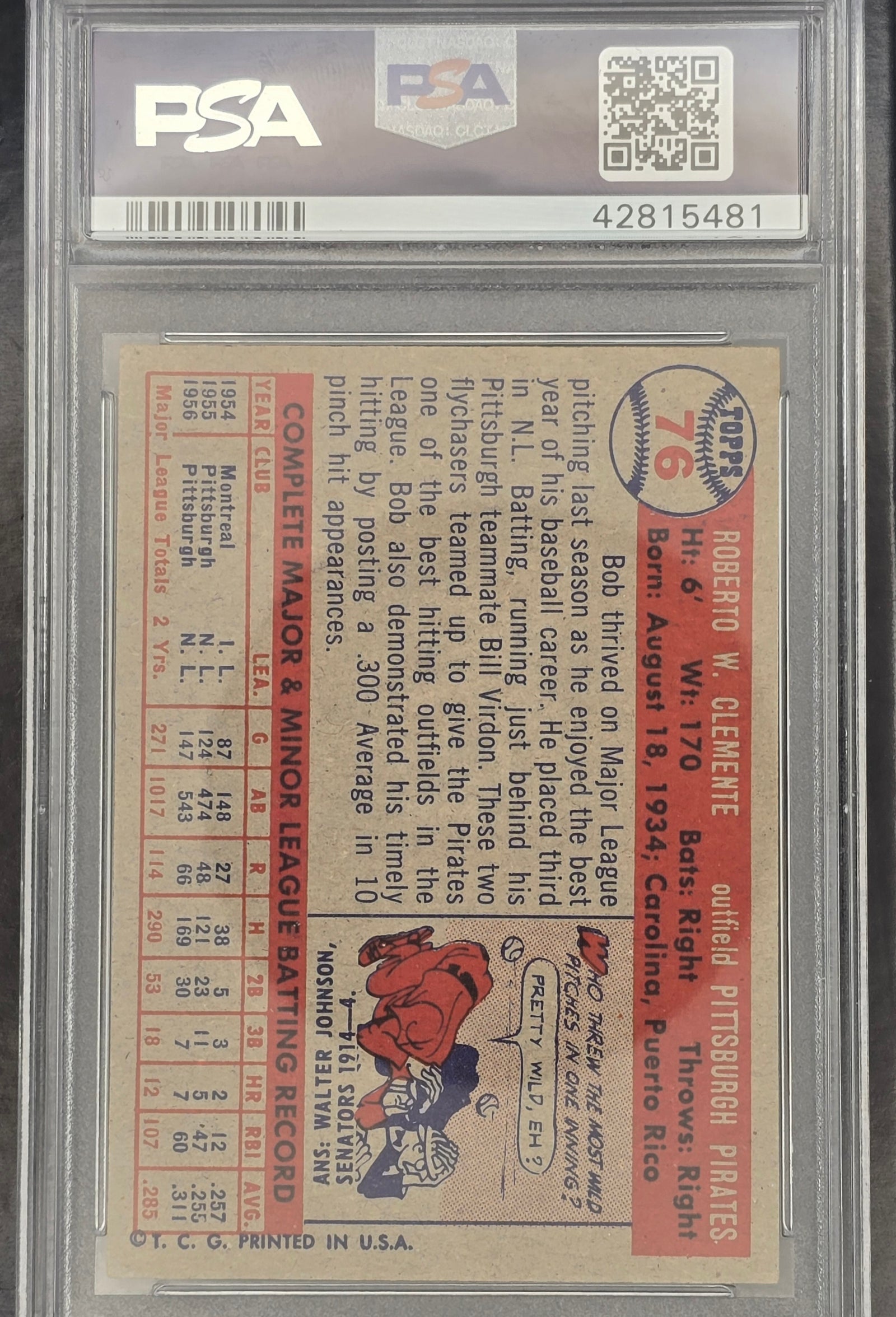 1957 Topps #76 Roberto Clemente rookie card PSA 5