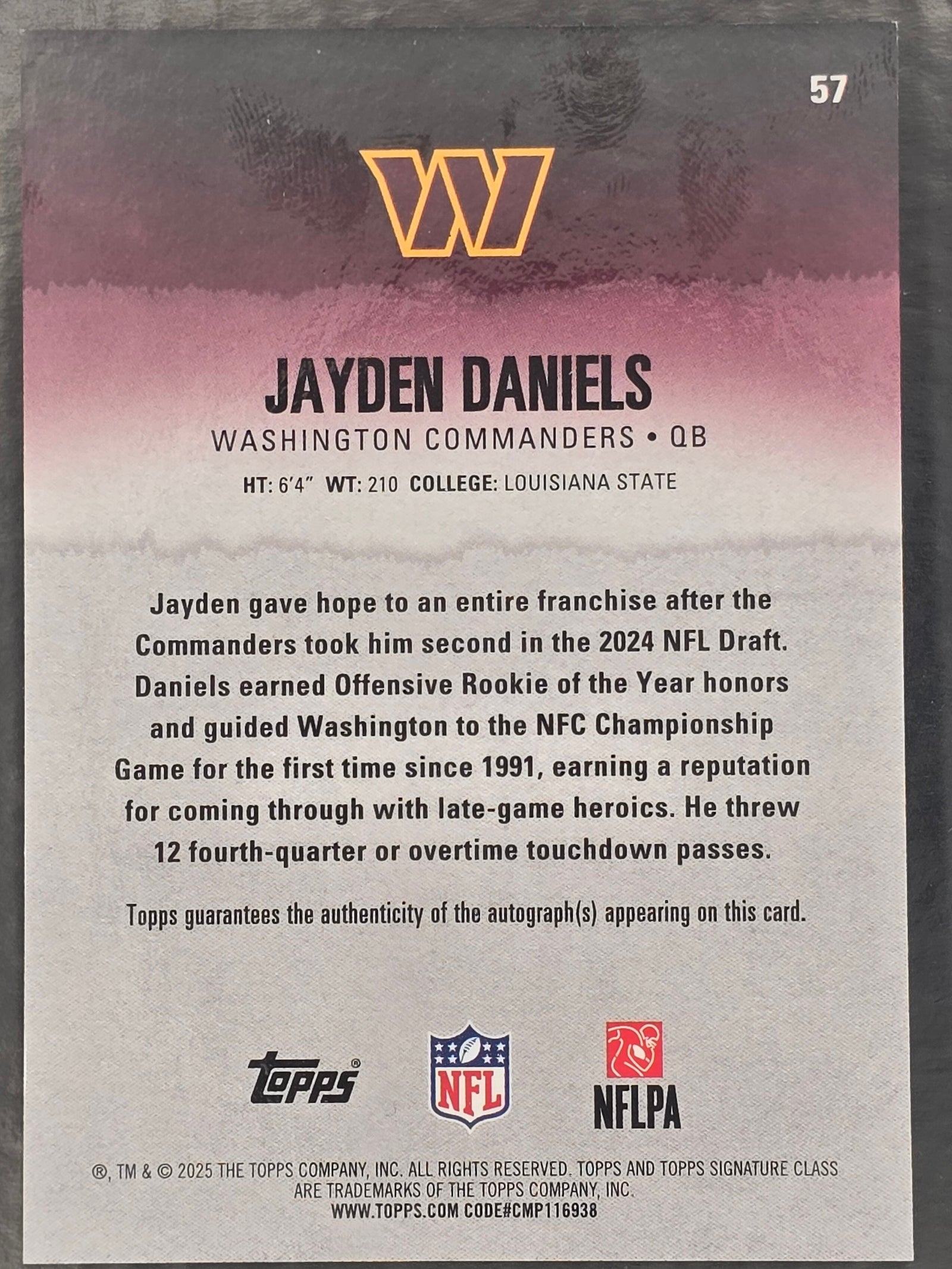 2025 Topps Signature Class Jayden Daniels #57 Veteran Chrome Auto