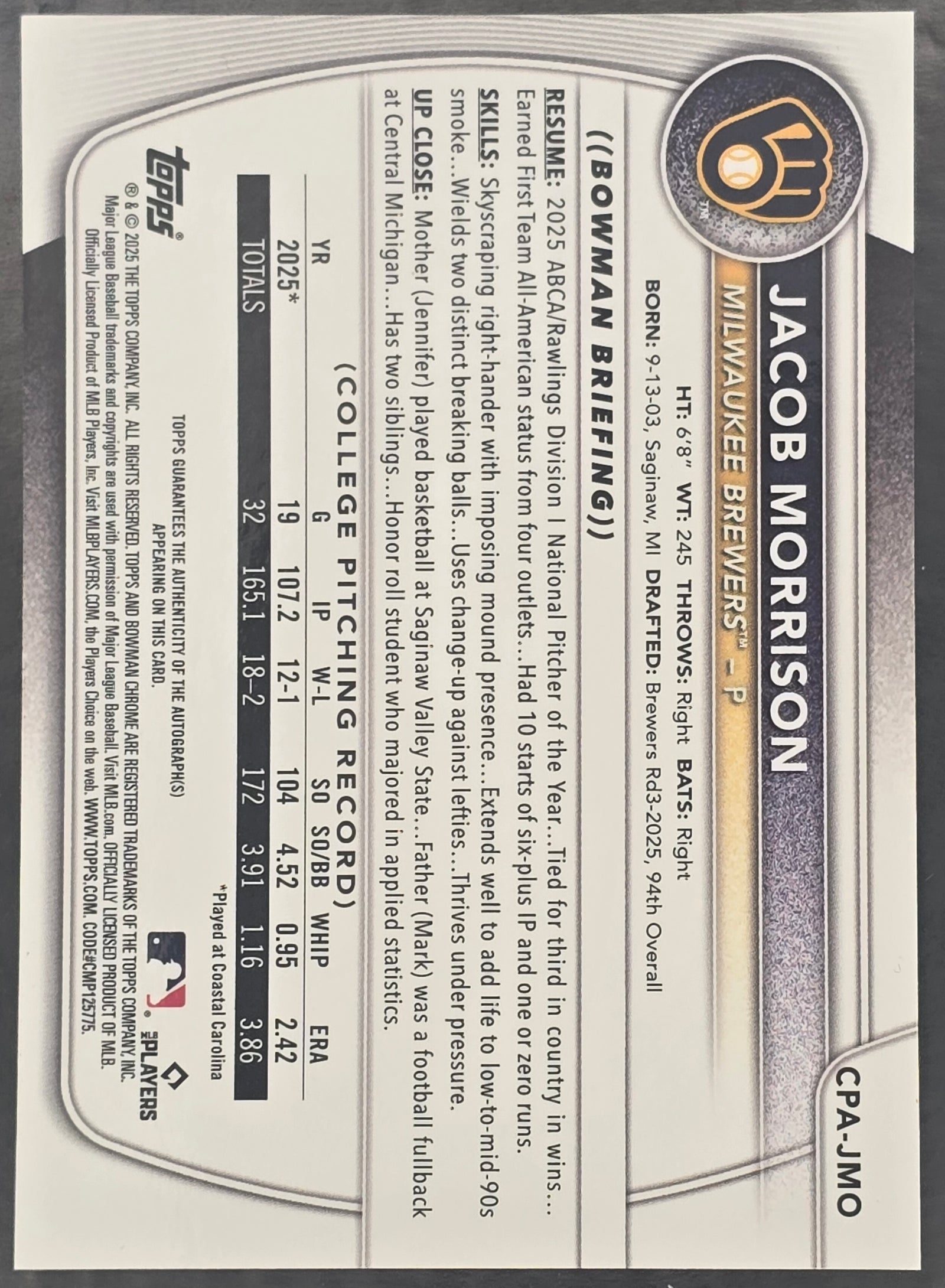 2025 Topps Bowman 1st Draft Red Autograph Jacob Morrison #CPA-JMO /5
