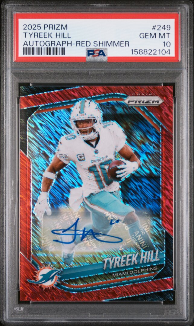 2025 Panini Prizm #249 Tyreek Hill Auto Red Shimmer PSA 10