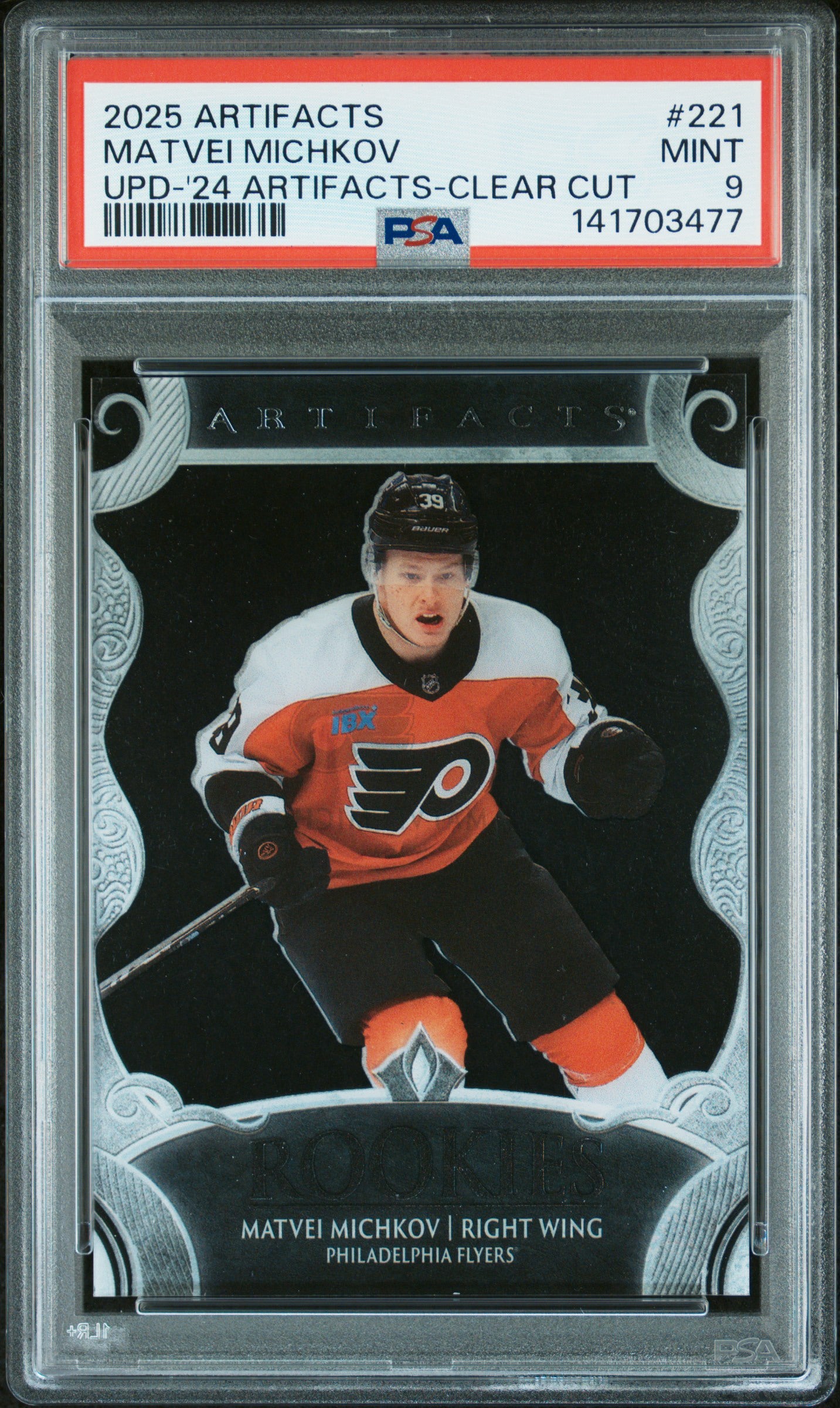 2025 Upper Deck Artifacts Update Matvei Michkov UPD ‘24 Artifacts-Clear Cut PSA 9