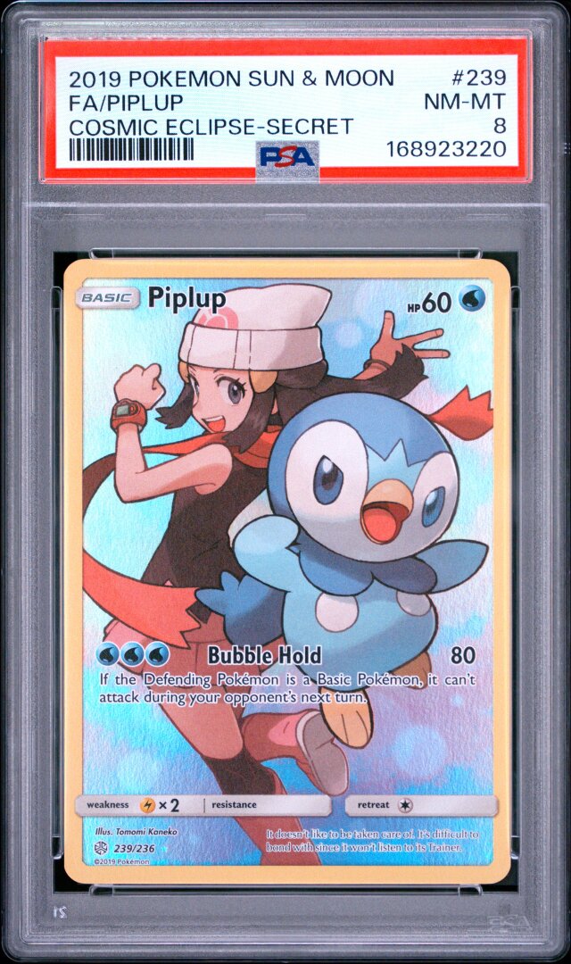 2019 Pokemon Sun & Moon Cosmic Eclipse Full Art Piplup Secret #239 PSA 8