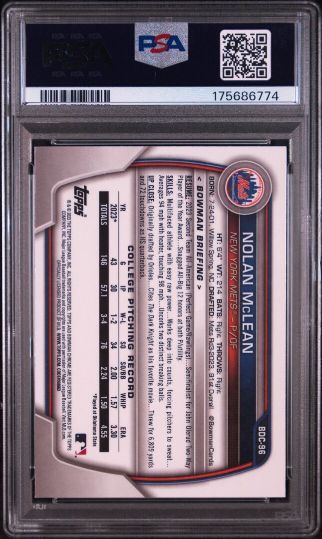 2023 Bowman Draft Nolan McLean Chrome PSA 10 #BDC96