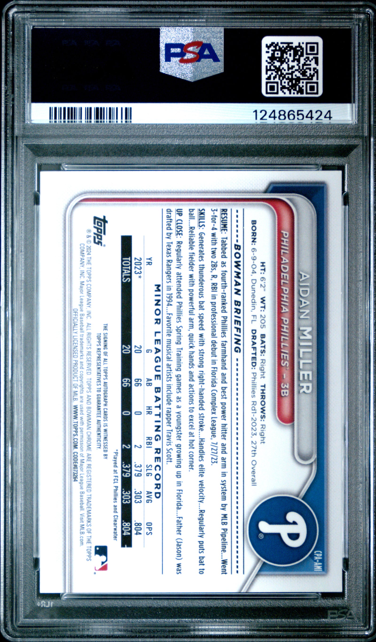 2024 Bowman Chrome Aidan Miller Prospect Autographs PSA 10