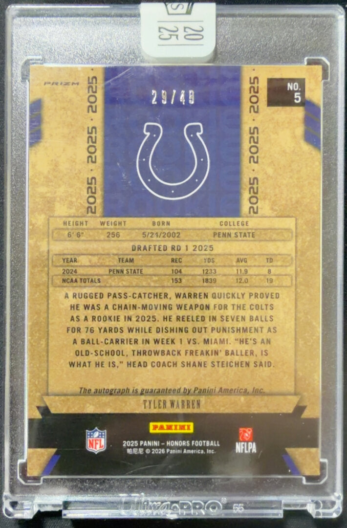 2025 Panini Honors Tyler Warren Rookie Auto Gold /40 #5