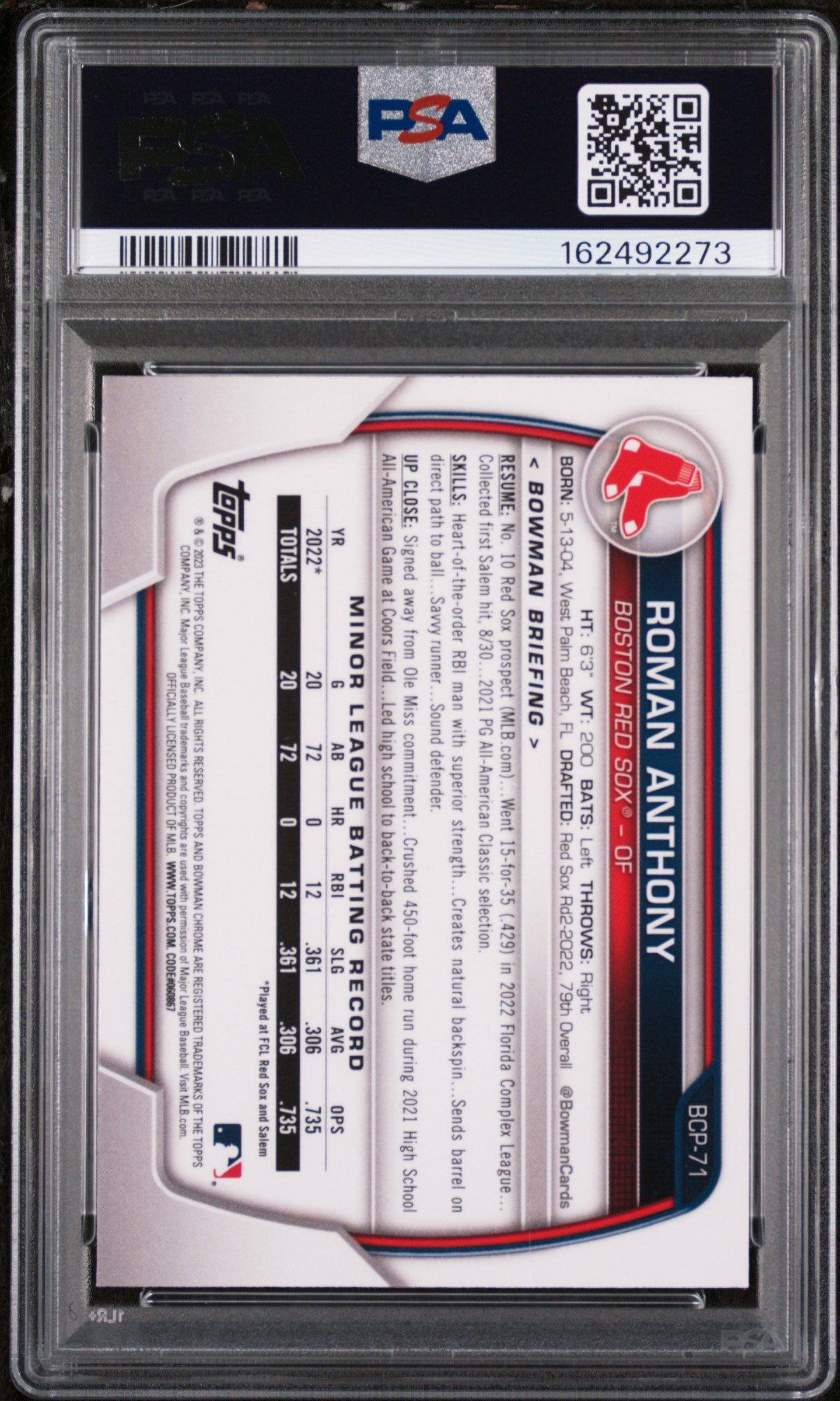 2023 BOWMAN MEGA BOX CHROME 71 ROMAN ANTHONY PSA 9 - back