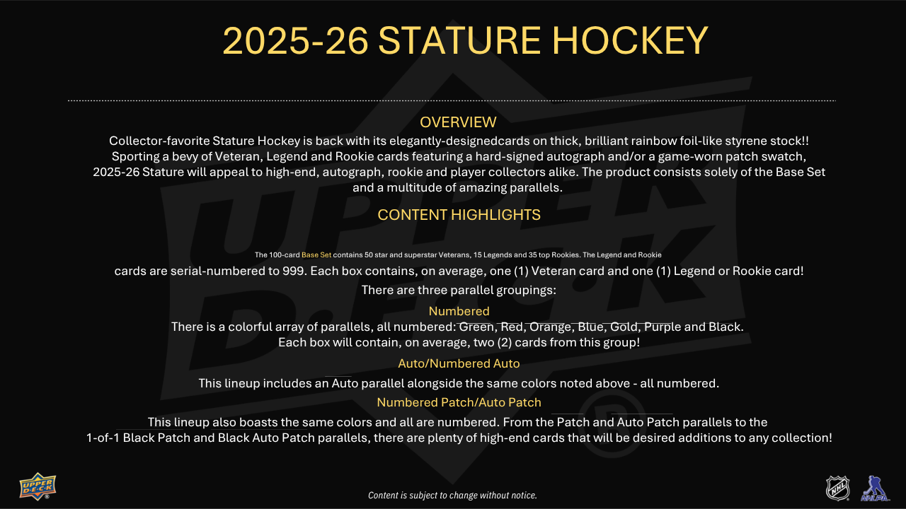 2025-26 Upper Deck Stature Hockey Hobby Box (Pricing In Store Only)