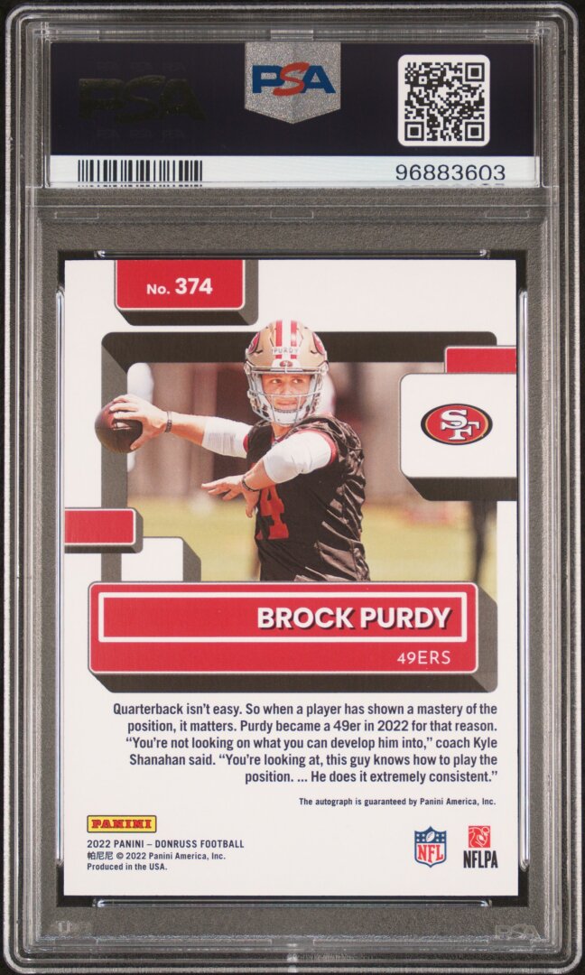 2022 Panini Donruss Brock Purdy Auto RC Orange PSA 8 #374